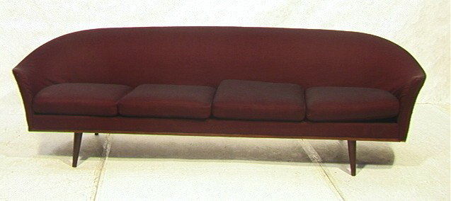 Modernist Purple Silk Sofa Couch with Rounded End: Modernist Purple Silk Sofa Couch with Rounded Ends. Tapered angled legs.-- Dimensions: H: 26 inches: W: 87.5 inches: D: 29 inches ---