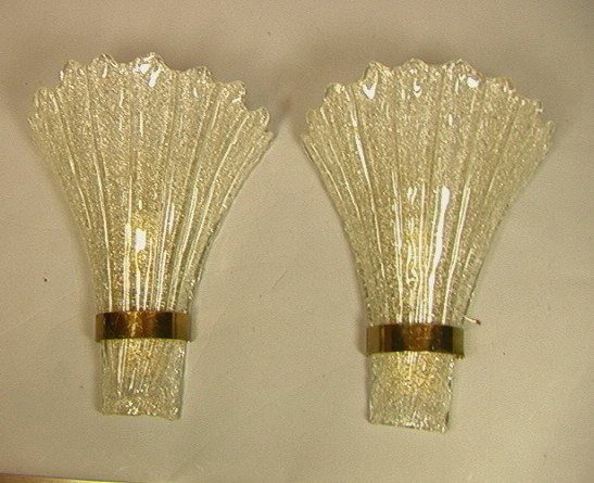Pr Venetian Italian Art Glass Wall Sconces. Flare: Pr Venetian Italian Art Glass Wall Sconces. Flared glass sconce with scalloped top edge. Brass band. 2 PCS.-- Dimensions: H: 15 inches: W: 11.5 inches: D: 8 inches ---