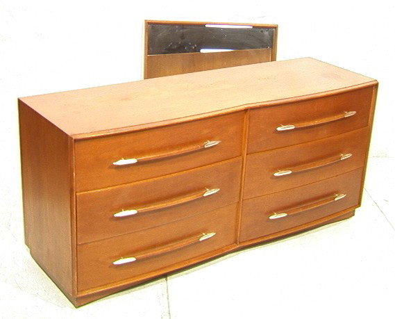ROBSJOHN GIBBINGS American Modern Low Dresser & M: ROBSJOHN GIBBINGS American Modern Low Dresser & Mirror. Double Bow Front Chest with Six Drawers. Wood and metal handles. Label.-- Dimensions: H: 30.5 inches: W: 6 inches: D: 22 inches: L: 67 inches --