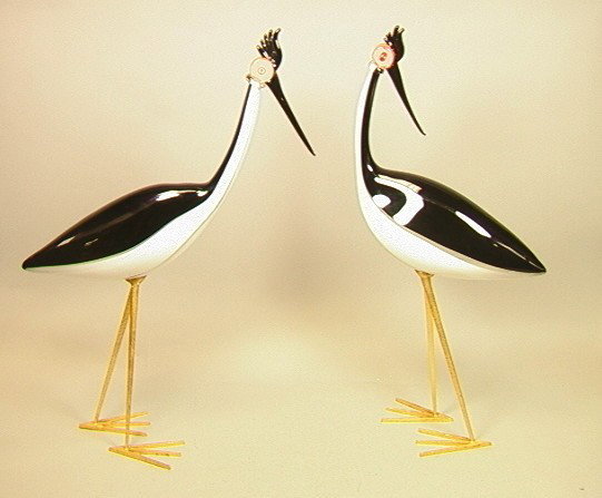 Pair Large and Dramatic Zanetti Murano Glass Bird: Pair Large and Dramatic Zanetti Murano Glass Birds. Large blown glass birds on gilt iron legs and feet. Signed.-- Dimensions: H: 30 inches: W: 23 inches: D: 5 inches ---