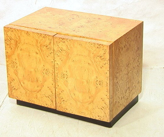 Milo Baughman Style Burled Wood Cabinet Side Tabl: Milo Baughman Style Burled Wood Cabinet Side Table. Two Door.-- Dimensions: H: 20 inches: W: 27 inches: D: 17.75 inches ---