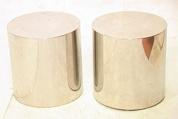 Pair Stainless Drum Side End Tables. Baughman St: Pair Stainless Drum Side End Tables. Baughman Style.-- Dimensions: H: 15 inches: W: 15 inches ---