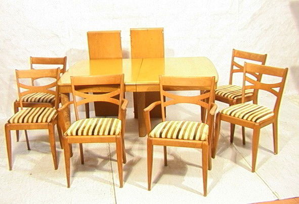 Heywood Wakefield Dining Set. Table and Six Chai: Heywood Wakefield Dining Set. Table and Six Chairs. 2 - 15 inch leaves. Two arm chairs.-- Dimensions: ---