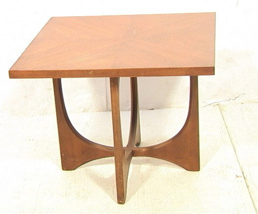 Harvey Probber Style Side Table. Arched Base. A: Harvey Probber Style Side Table. Arched Base. American Modern Walnut. Possibly Brasilia.-- Dimensions: H: 20.25 inches: W: 26 inches: D: 26 inches ---