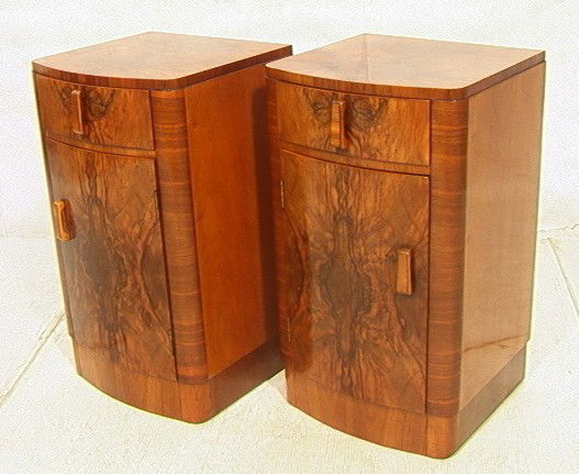 Pair French Deco Burled Side Tables. Nightstands: Pair French Deco Burled Side Tables. Nightstands. Great Figured Burl with High Shine Finish. Imported mark. Wood Handles. Art Deco. Night stands.-- Dimensions: H: 26 inches: W: 15.5 inches: D: 15.5 in