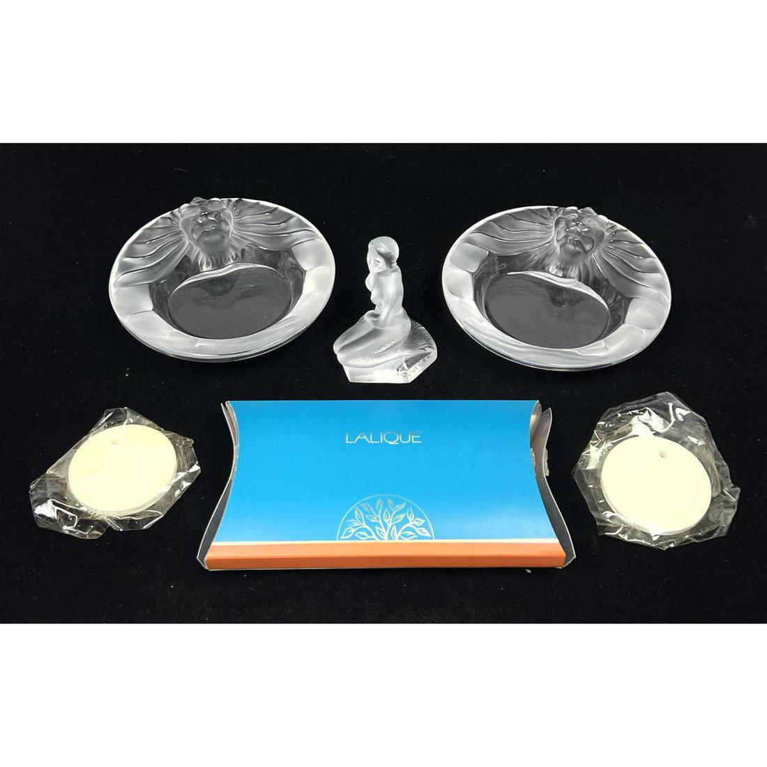 5pc LALIQUE Lot. Frosted French Crystal Mermaid Sculpture; engraved sign and label. Pr Frosted Lion (1 of 15)