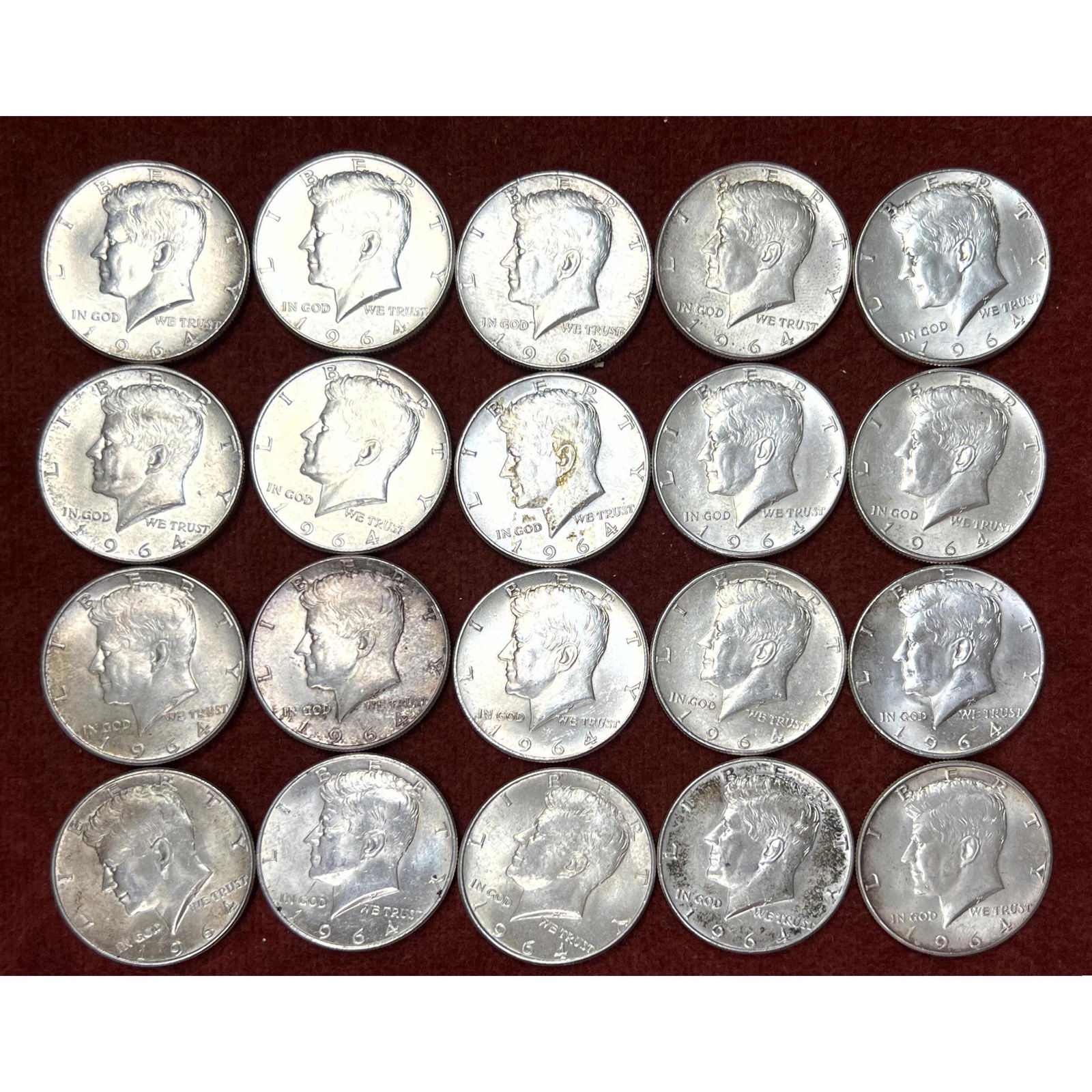 $10 face 1964 Kennedy half dollars. 90% silver. Unsorted estate lot. (1 of 5)