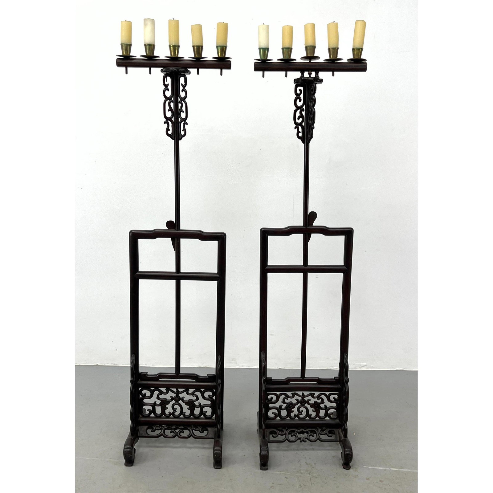 Pr Chinese Carved Wood Tall Candle Sticks Stands. Adjustable Height Floor Models. Brass candle holde (1 of 8)