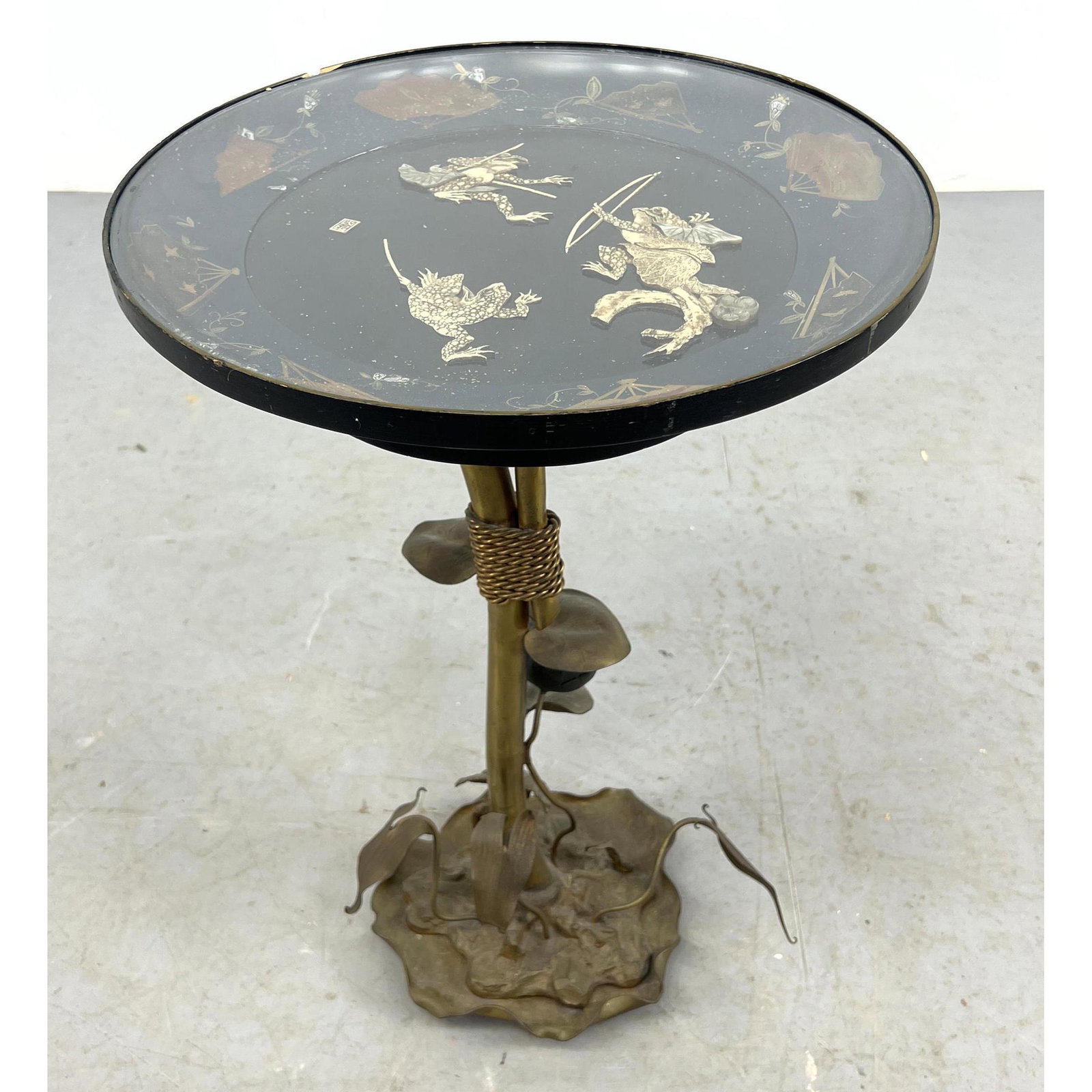 Asian Possibly Japanese Side Table Top with Frog Warriors Panel. Base is floriform metal.  Signed. (1 of 13)