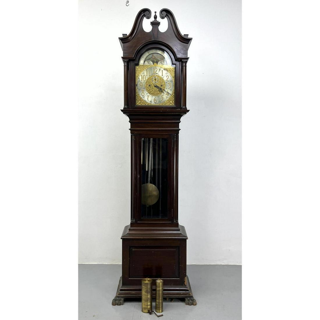 Antique Tall Case Clock. Broken Arch Pediment. Mixed Metal Face with Hand Painted Scene. Pendulums a (1 of 14)