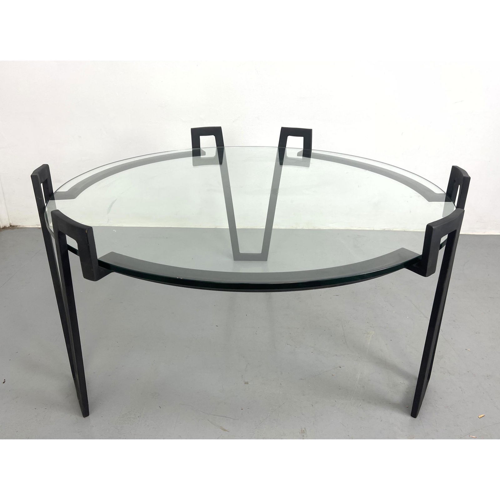 After Jean Royere round Iron and glass coffee table. Thick glass. (1 of 7)