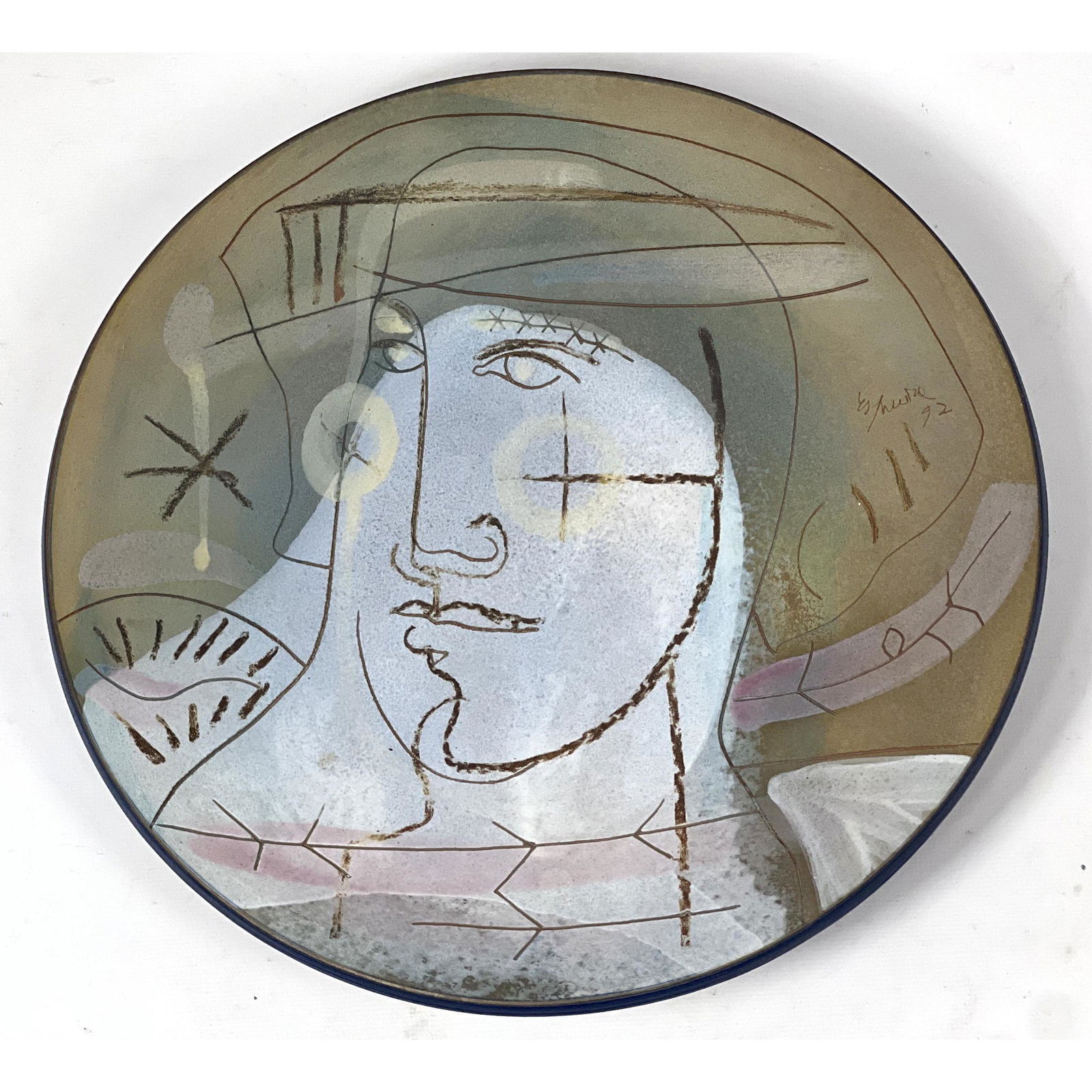 SUSAN ESPINOSA Art Pottery Modernist Plate #4. Portrait Female Head. Signed and dated '92; Argentine (1 of 8)