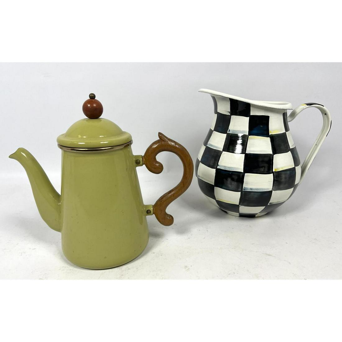 2pc MacKENZIE CHILDS Enamel EARLY Coffee Pot and Pitcher. EARLY Celery Green Enamel Coffee Pot with (1 of 16)