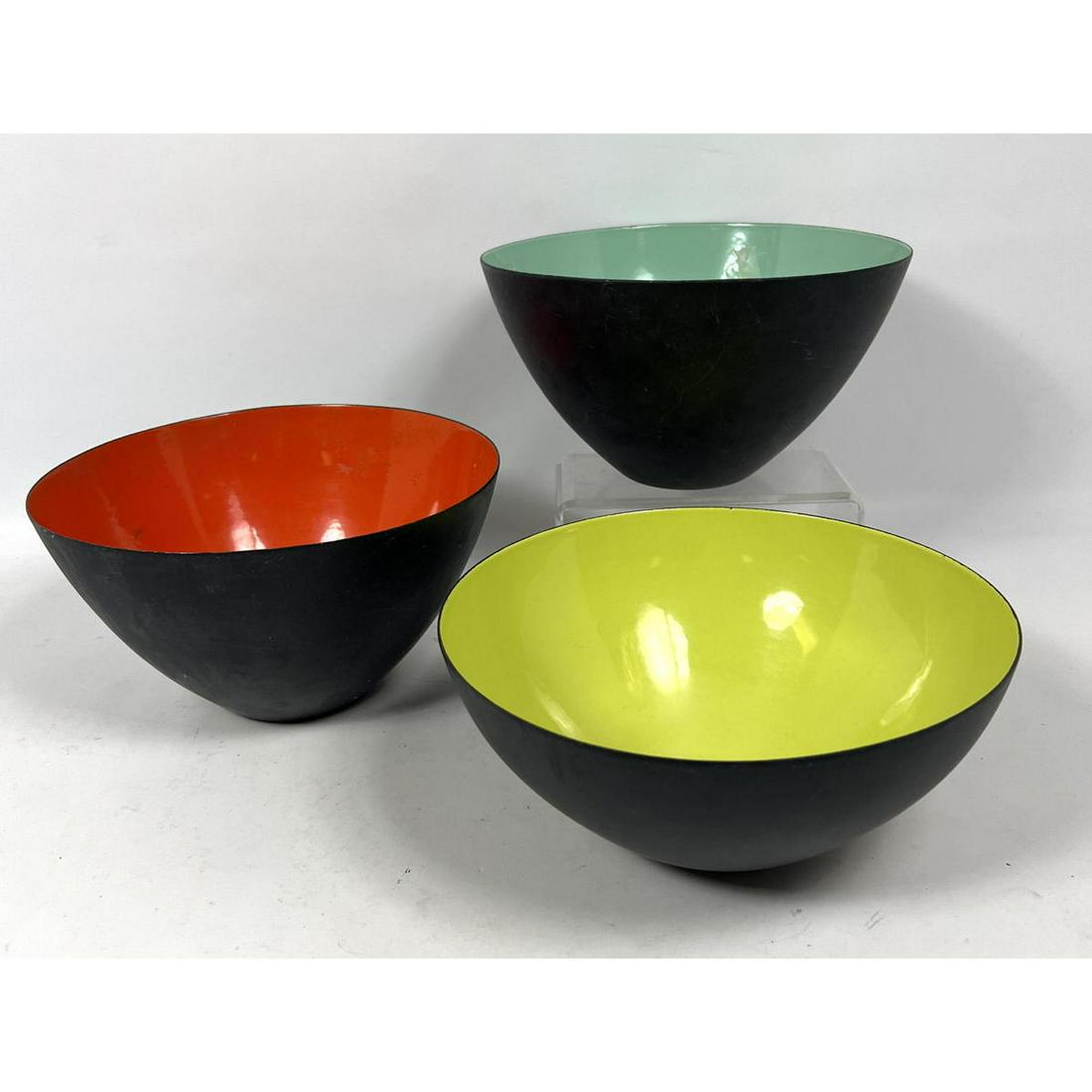 3pc KRENIT Norway Mid Century Enamel Bowls. HERBERT KRENCHEL Iconic designed forms. Matte black exte (1 of 19)