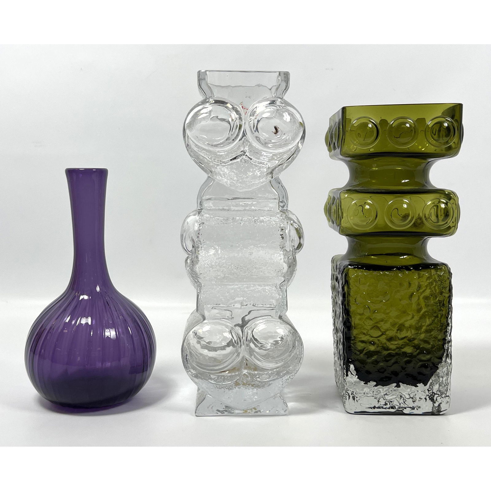 3pc Art Glass Lot. SKRUF Clear Textured Glass Vase: Engraved Signature. Amethyst Vase. Green "Stacke (1 of 14)