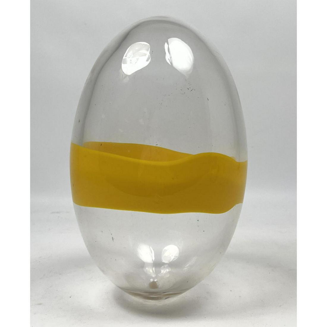 Large Art Glass Egg form Sculpture. Clear Glass with Yellow band detail. (1 of 5)