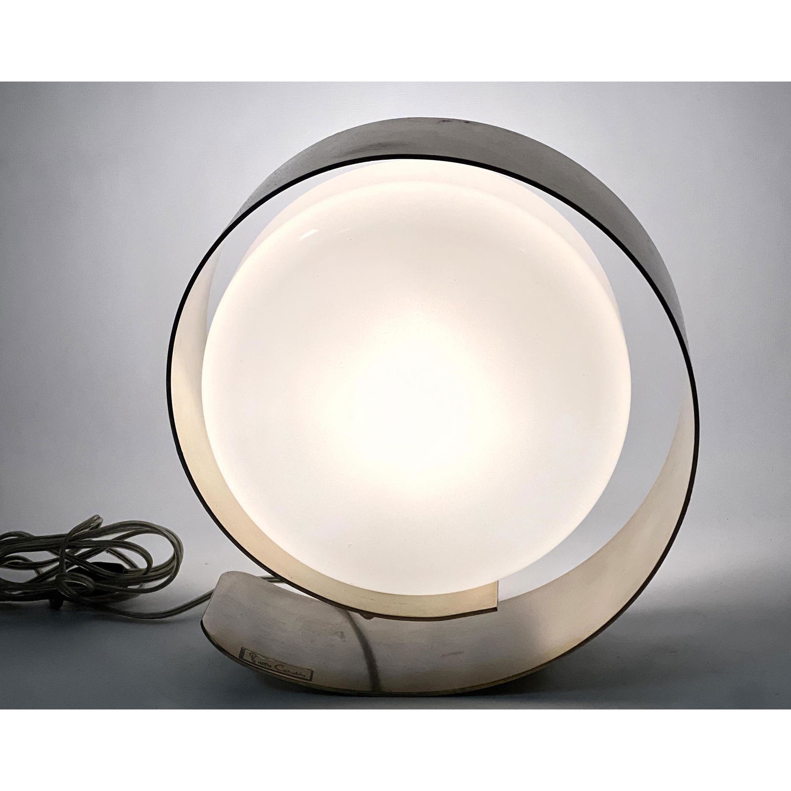 PIERRE CARDIN Modernist Table Lamp. Rolled Ribbon Metal supports Frosted Glass Disc Shade. Marked. (1 of 14)