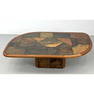 Danish Modern Decorator Modernist Coffee Table. Brass inlaid Slate Style Tile Top. Shaped Teak frame