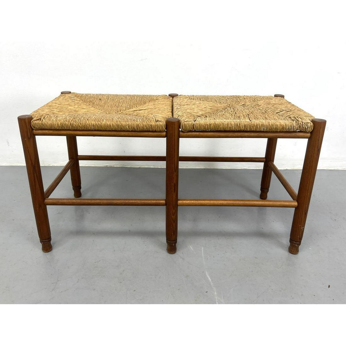 Primitive Country Woven Rush Double Seat Bench. Wood Frame with Stretchers. Country French style. (1 of 8)
