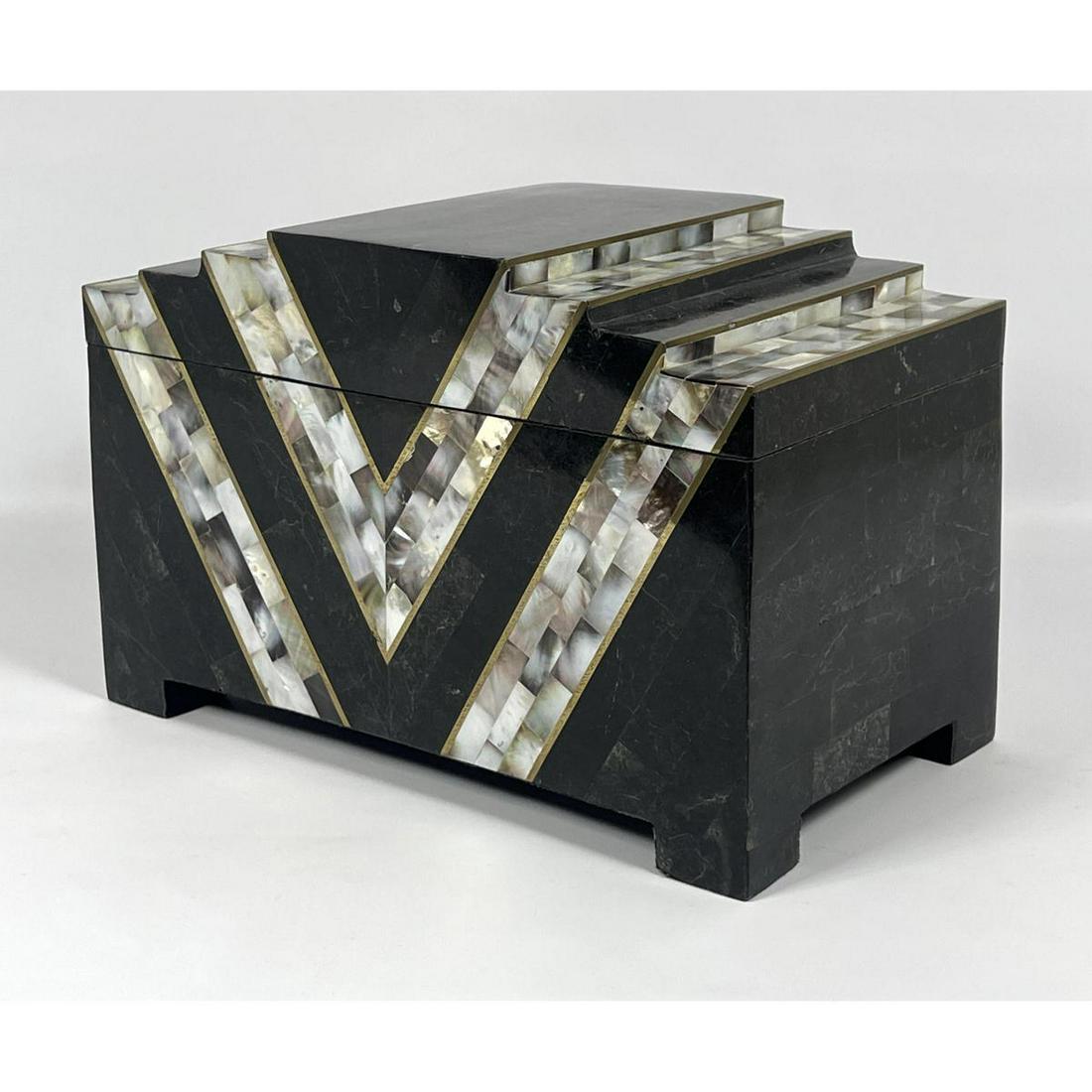 CASABIQUE Philippines Tessellated Marble Box. Mother of Pearl accent trim. Hinged lid. Fabric lined. (1 of 9)