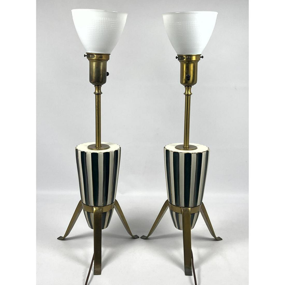 Pr REMBRANDT Modernist Table Lamps. Fluted Black and White Forms with gold paint  highlights, Tripod (1 of 10)