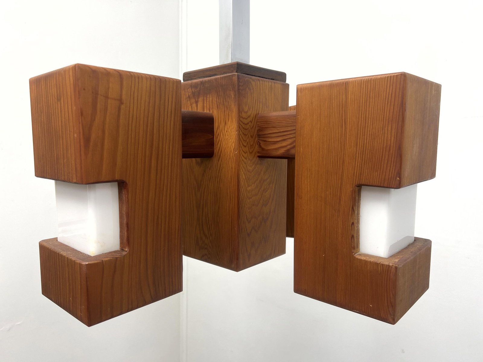 Danish Modern Teak, Glass Chandelier with Chrome Shaft. Five teak shades.: Danish Modern Teak, Glass Chandelier with Chrome Shaft. Five teak shades. Dimensions: H: 37 inches: W: 24 inches: D: 24 inches ---