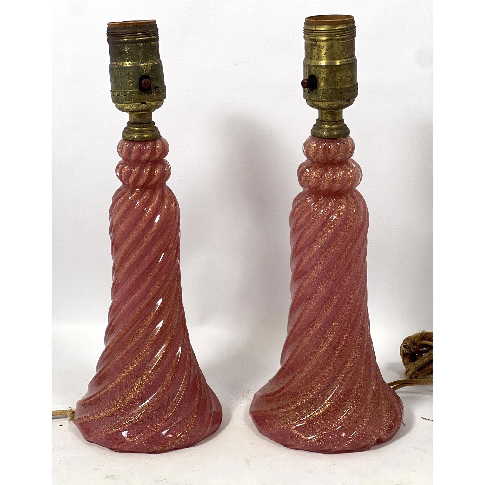 Pair small pink swirl Murano boudoir lamps.  Blown art glass. (1 of 6)