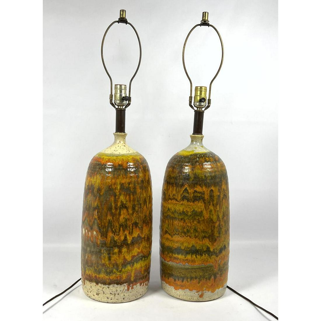 Pair studio pottery glazed mid century lamps Unsigned . Pottery only 17 high (1 of 8)