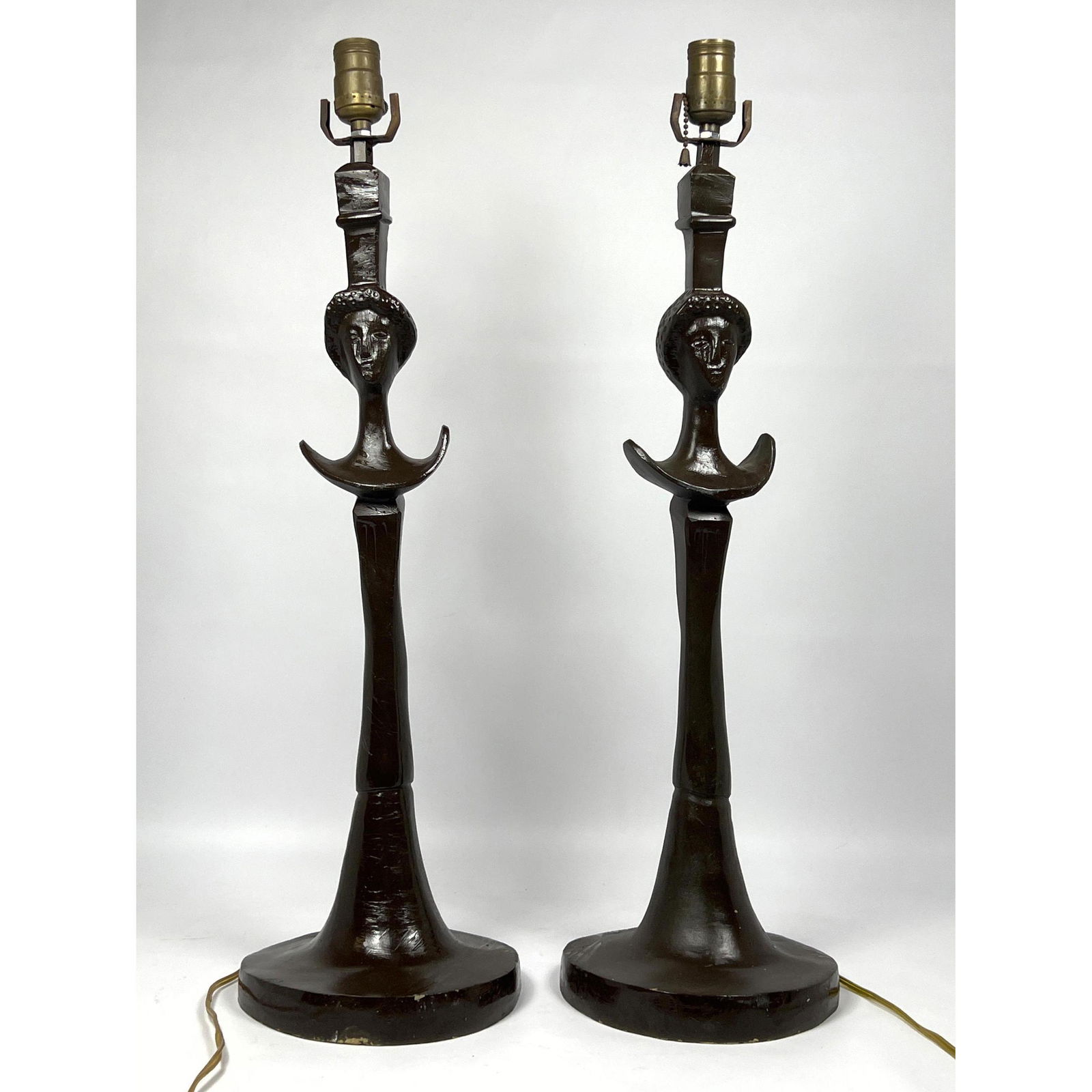 Pr Tete de Femme Table Lamps. Shiny varnished bronze. Recent cast. Painted finish. (1 of 5)