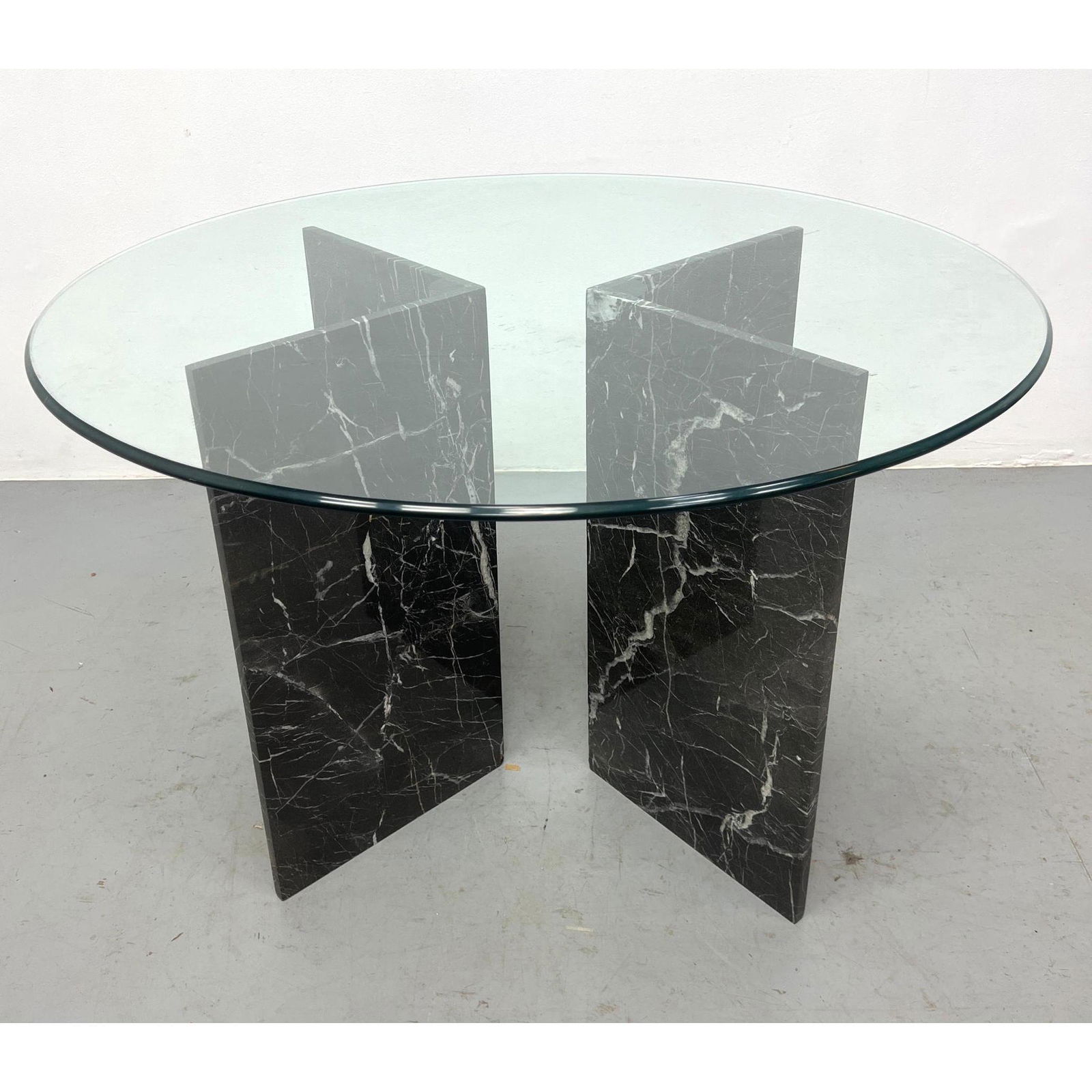 Glass and Marble Dining Table. 2 part v shaped pedestal base. (1 of 6)
