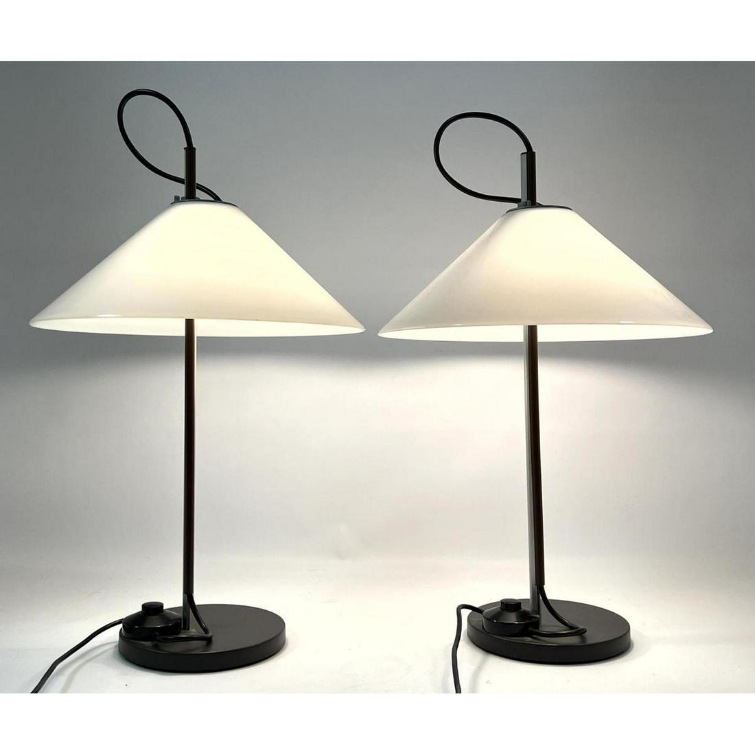 Pr ARTEMIDE Italian White Shade Table Lamps. Adjustable height on Modernist Cone form shade. Label. (1 of 11)
