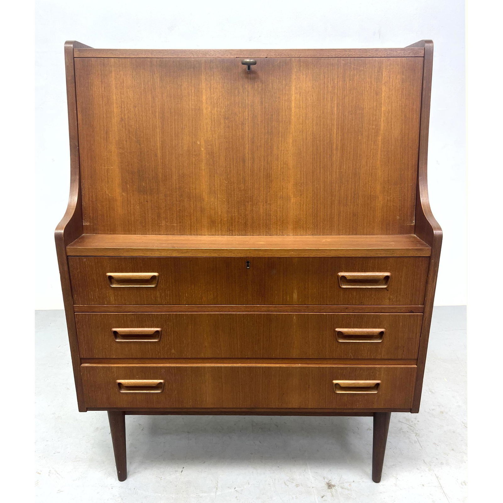 George Tanner Teak Danish Modern Secretary Cabinet. Drop front desk with interior  drawers. Marked o (1 of 14)