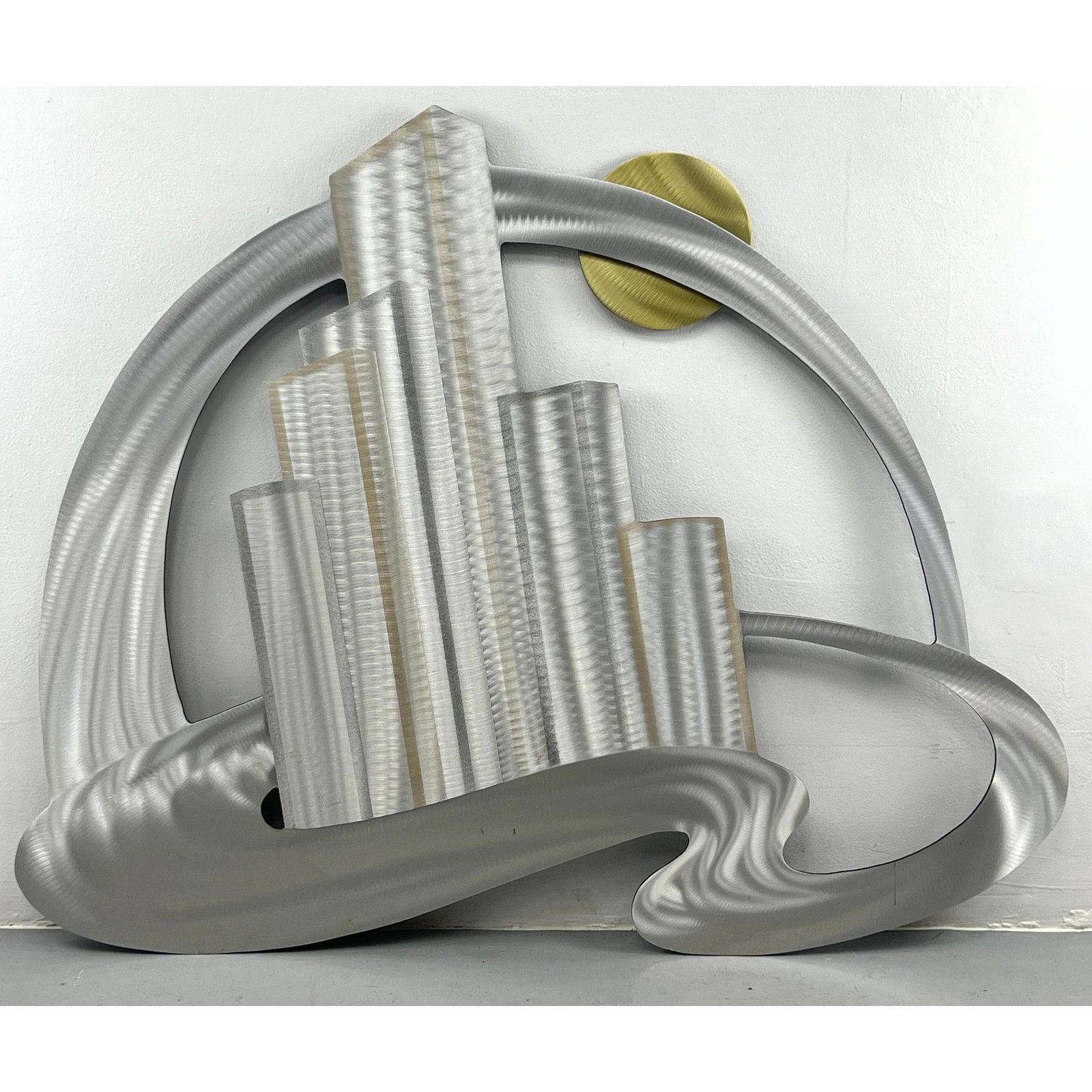 Artist Signed Metal on Wood Wall Sculpture. City Skyline.: Artist Signed Metal on Wood Wall Sculpture. City Skyline. Dimensions: H: 39 inches: W: 48 inches ---