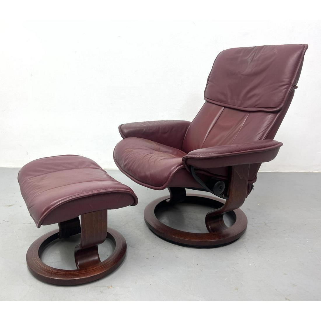 Ekornes Stressless Burgundy Leather And Bentwood Recliner Lounge Chair