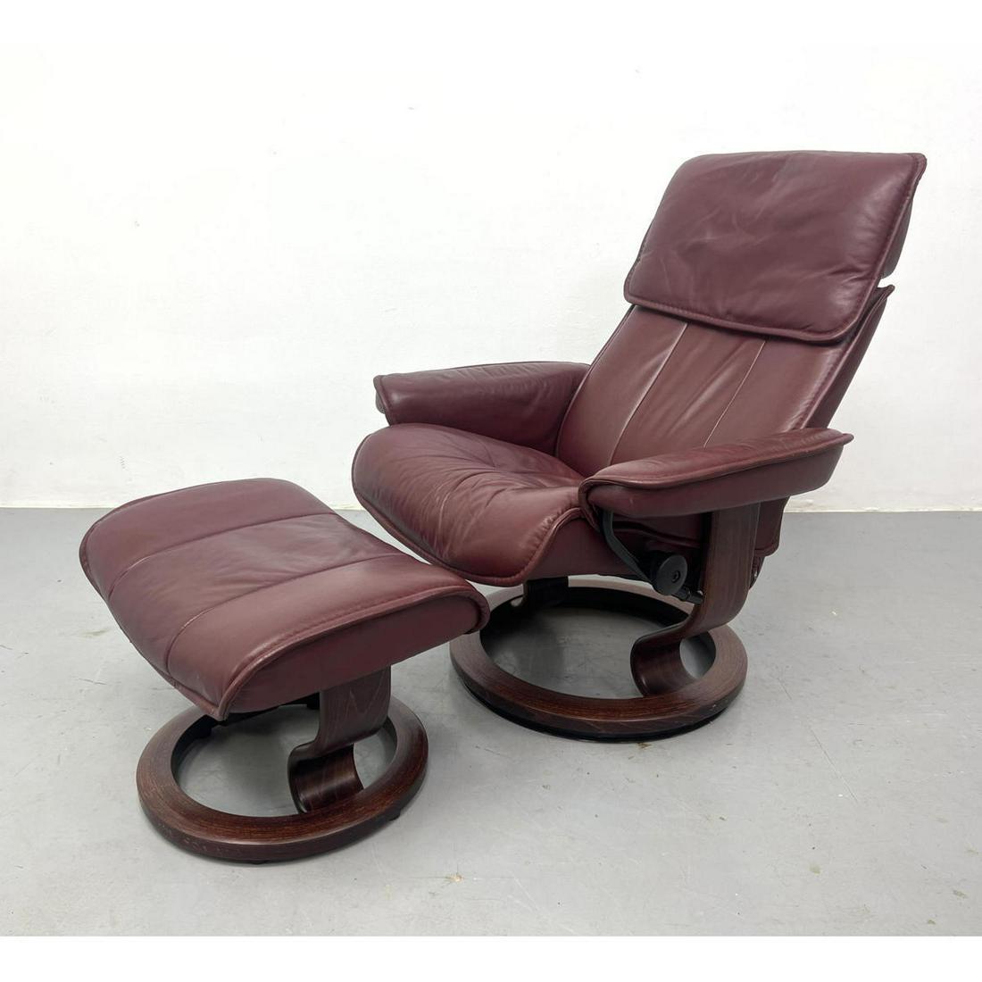 EKORNES Stressless Burgundy Leather and Bentwood Recliner Lounge Chair and Ottoman (1 of 11)