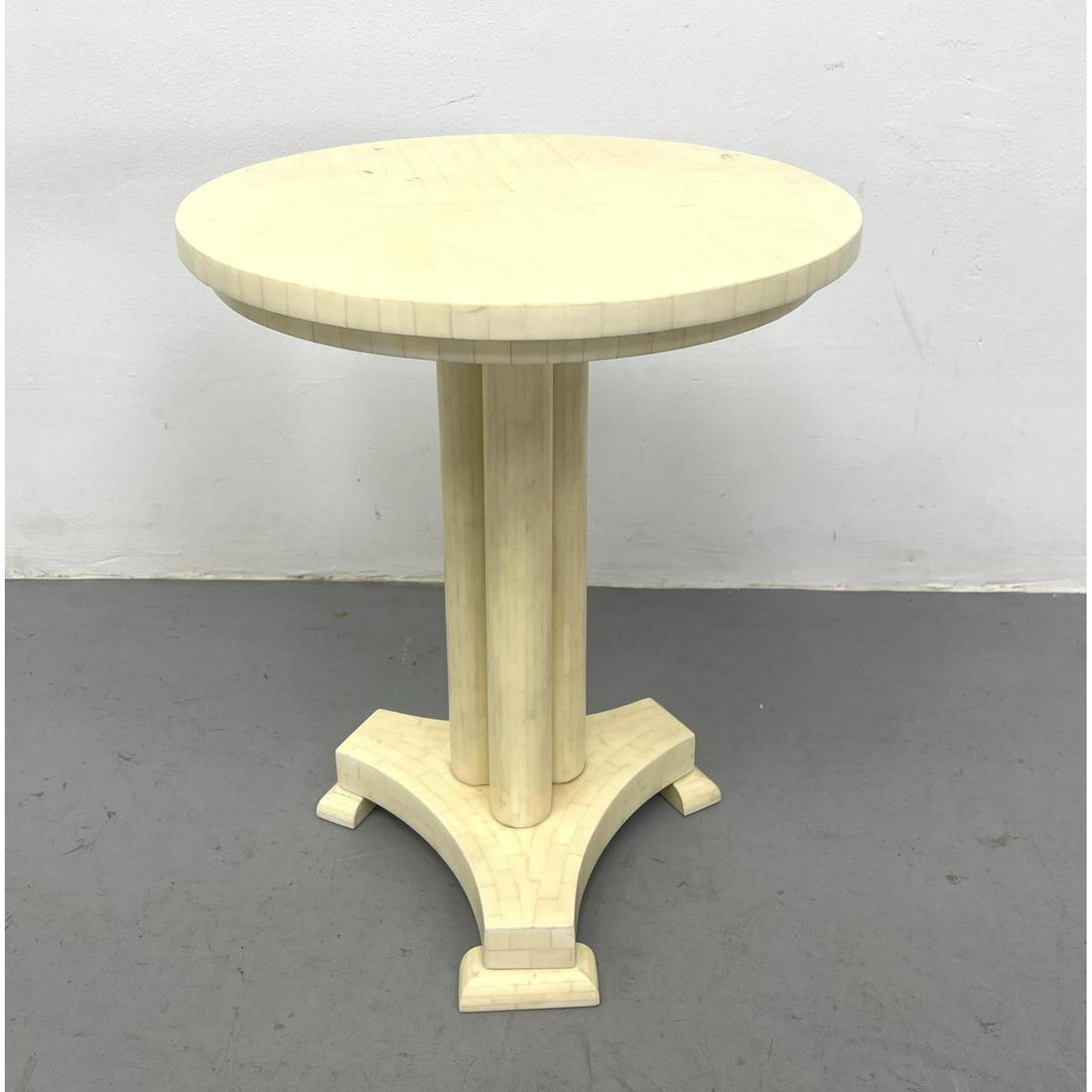 MAITLAND SMITH Tessellated Bone Tile Side Table. Pedestal Base with Tripod Base. Label.: MAITLAND SMITH Tessellated Bone Tile Side Table. Pedestal Base with Tripod Base. Label. Dimensions: H: 22.25 inches: W: 18 inches: D: 18 inches ---