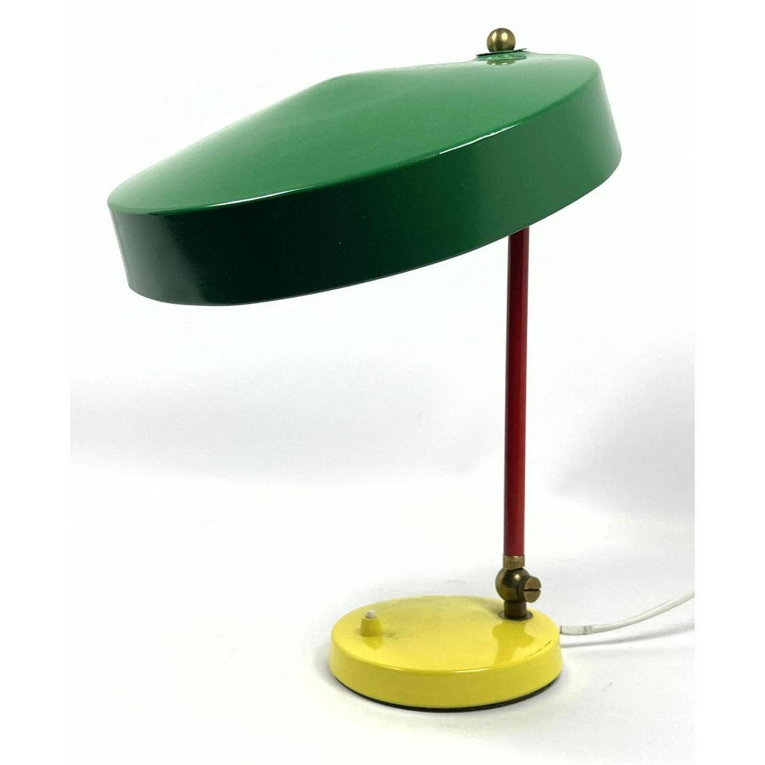 Green and Yellow Enameled Modernist Desk Table Lamp. Red stem. Bold Colors. Memphis style. (1 of 12)