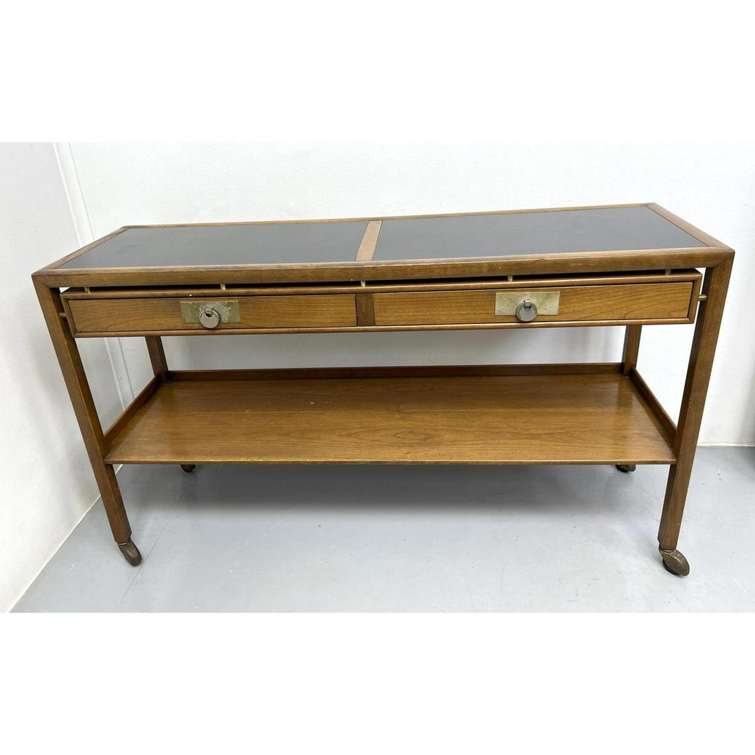 American Modern Walnut Rolling Server Cart. Black Water resistant top panels. Rolls on casters. (1 of 8)
