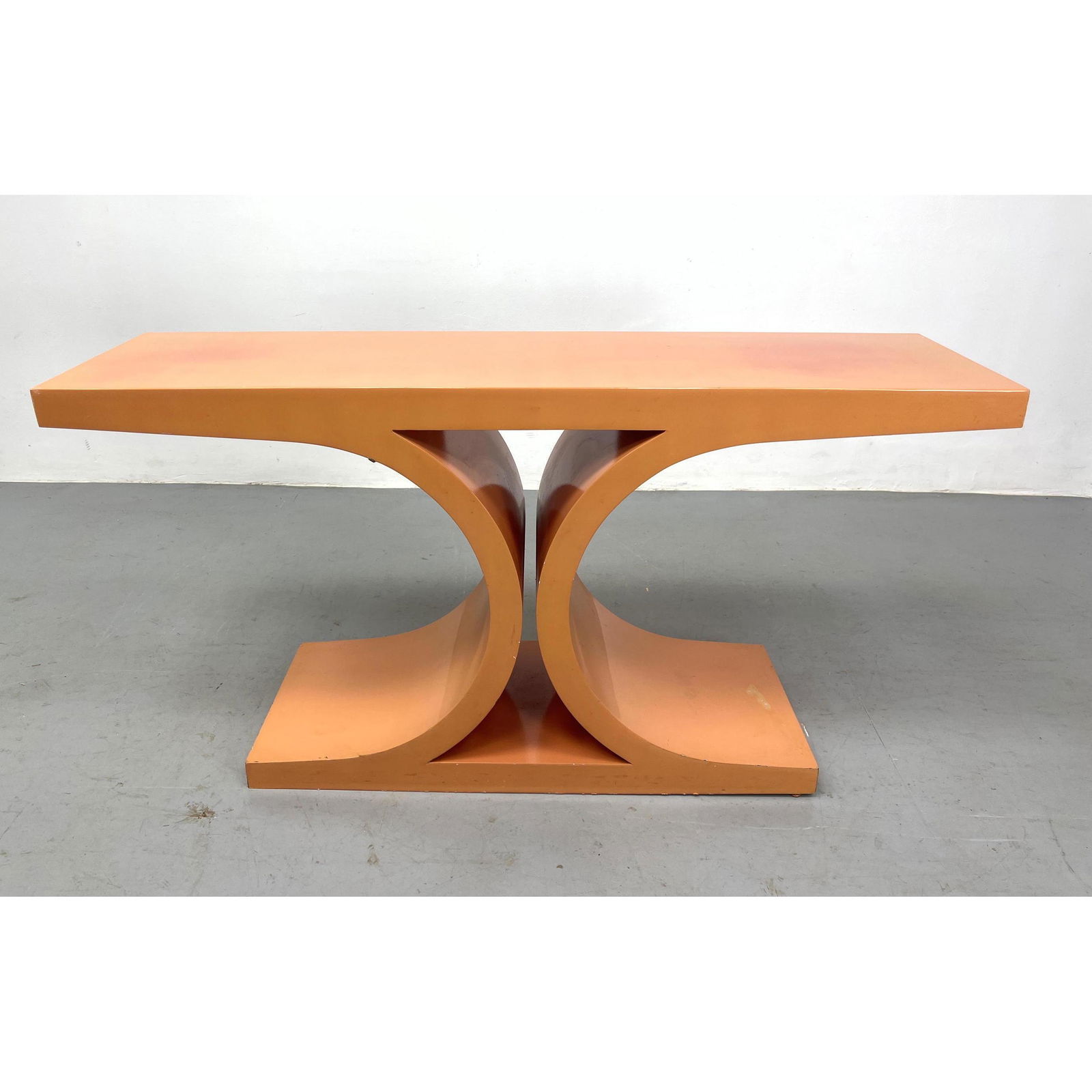 Lacquered Peach Colored Modernist Hall Table. Console Table with Double Bowed Pedestal Base Frame. (1 of 9)