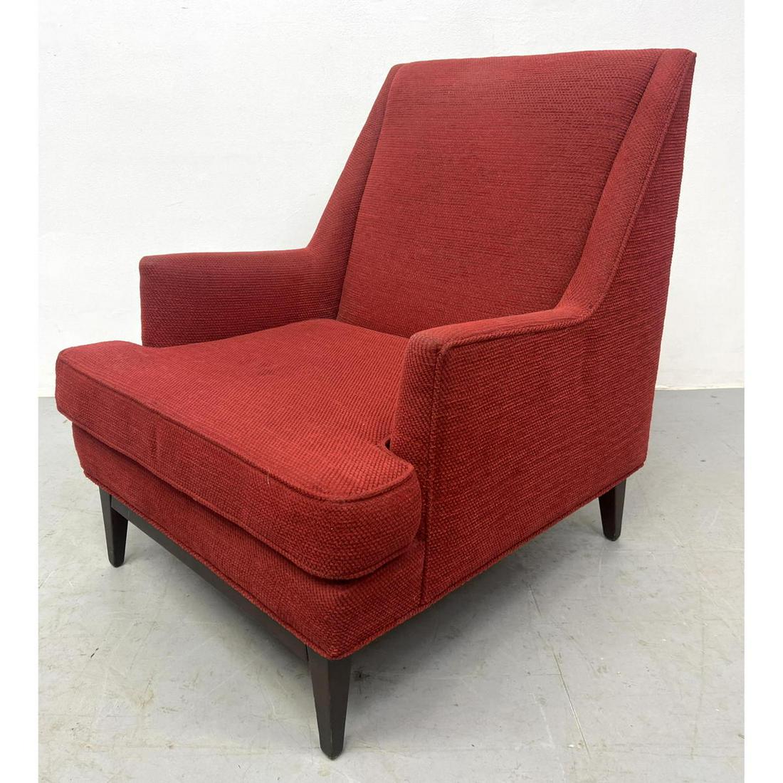 Mid Century Modern Dunbar Style Lounge Chair in Red Nubby Upholstery. Angled back.: Mid Century Modern Dunbar Style Lounge Chair in Red Nubby Upholstery. Angled back. Dimensions: H: 36 inches: W: 29 inches: D: 31 inches - Seat Height: 17 inches ---