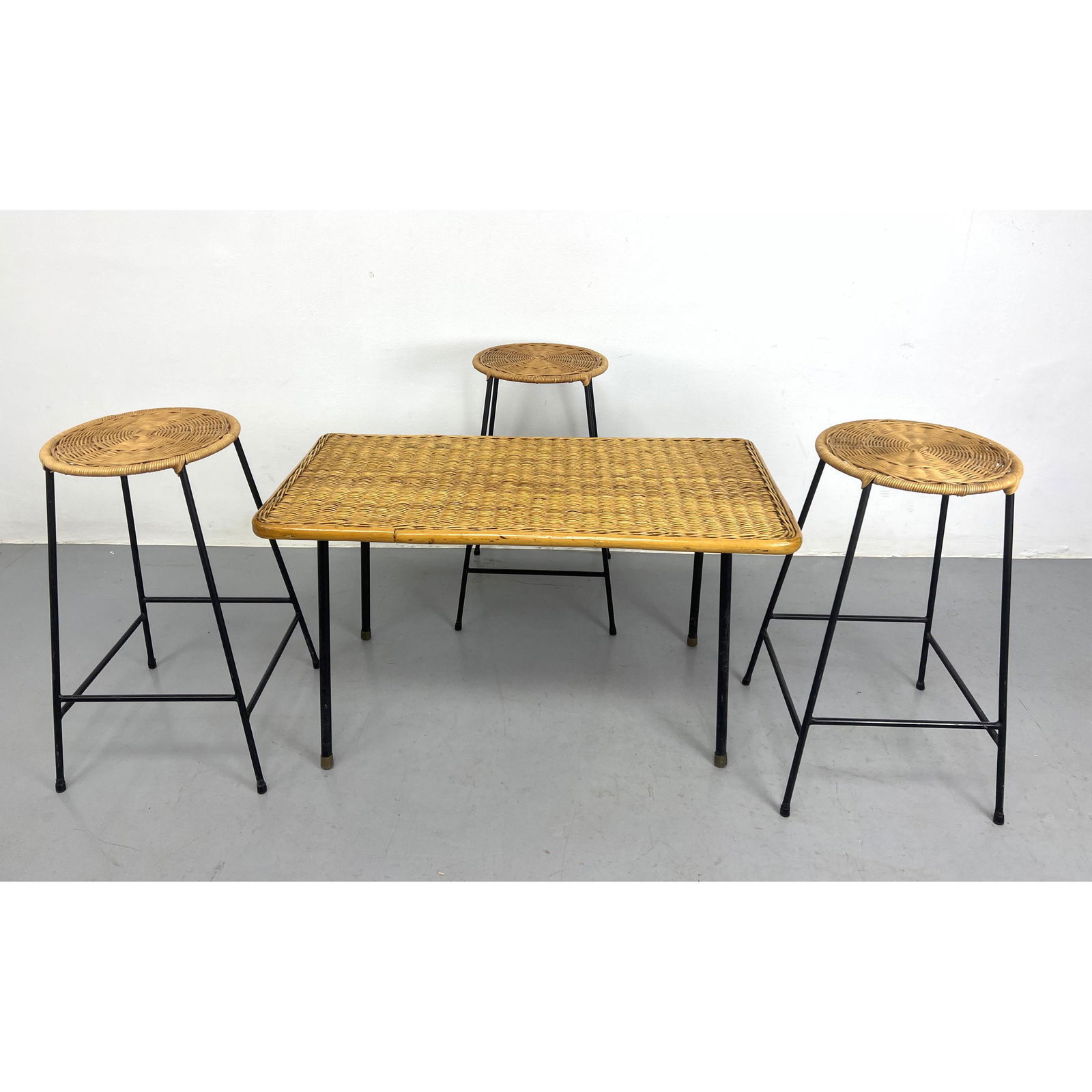 4pc iron wicker. 3 barstools. High Coffee table. Tony Paul style. Stools 24x14.5x14.5 (1 of 10)