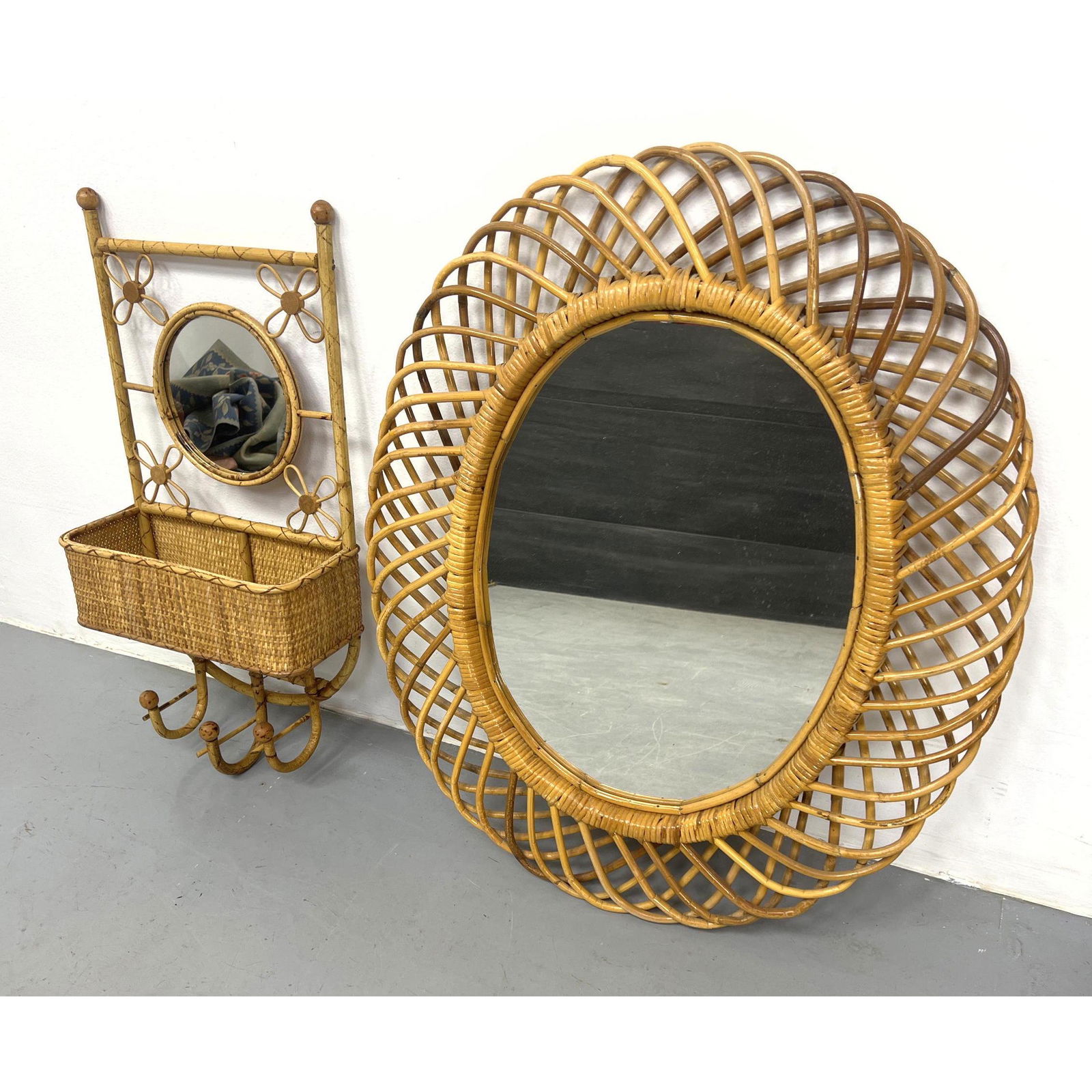 2pcs wicker Rattan.  Wall Mirror and Mirror coat rack. (1 of 11)