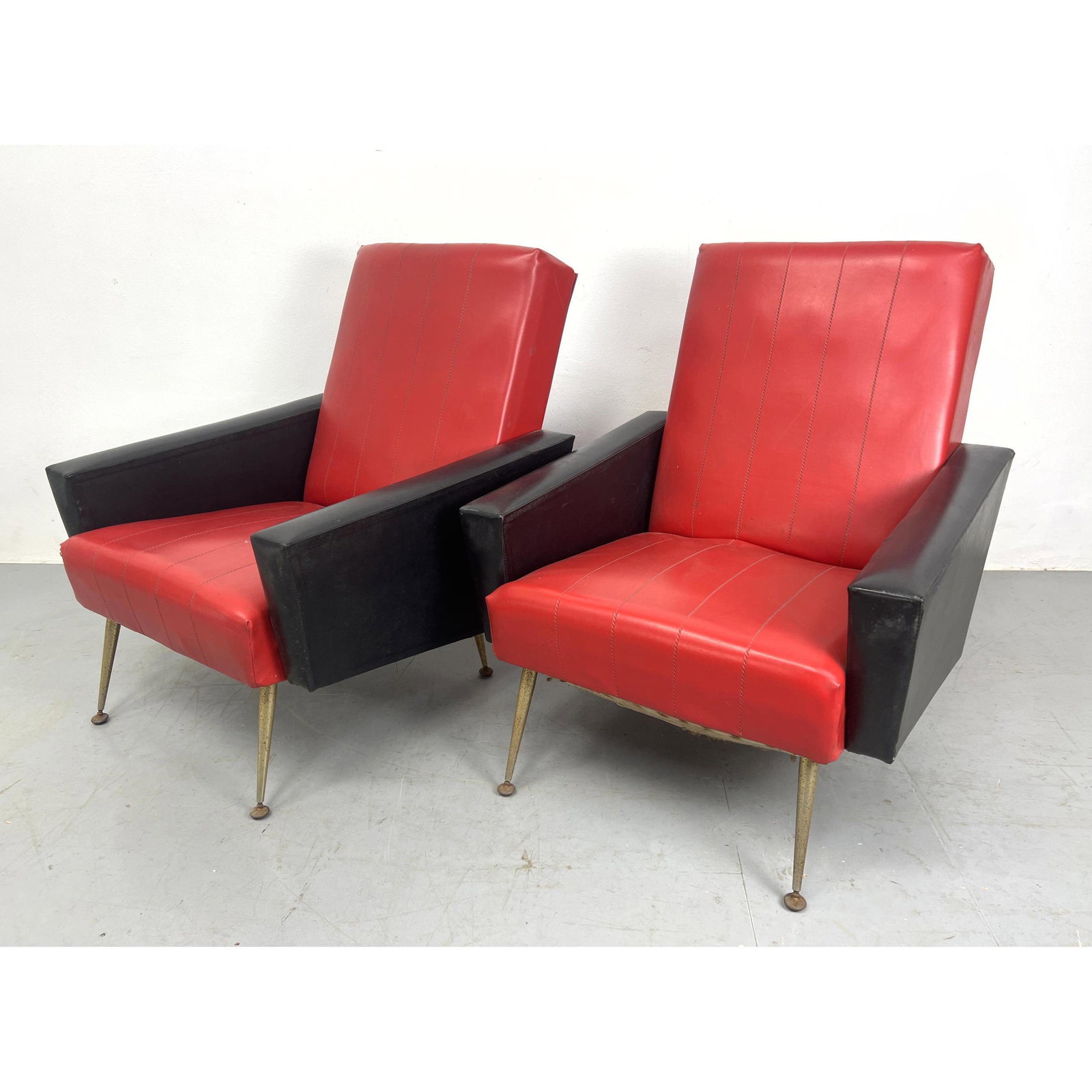 Pair of Red and Black Italian lounge chairs: Pair of Red and Black Italian lounge chairs Dimensions: H: 34 inches: W: 27 inches: D: 29 inches - Seat Height: 15 inches ---