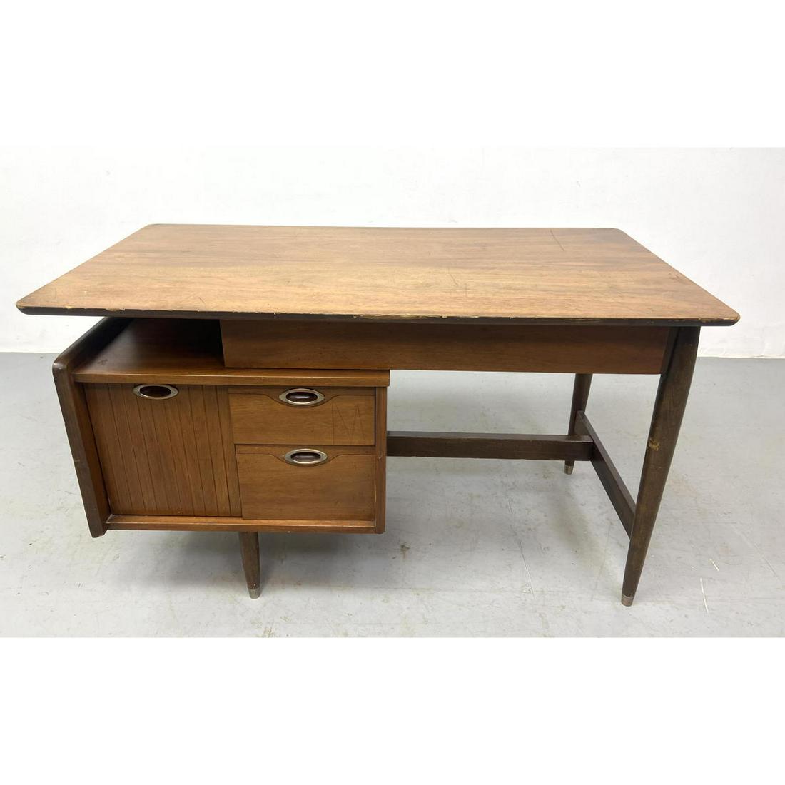 American Modern Walnut Desk. Cantilever Top. Three Drawers. Tapered Legs. (1 of 9)