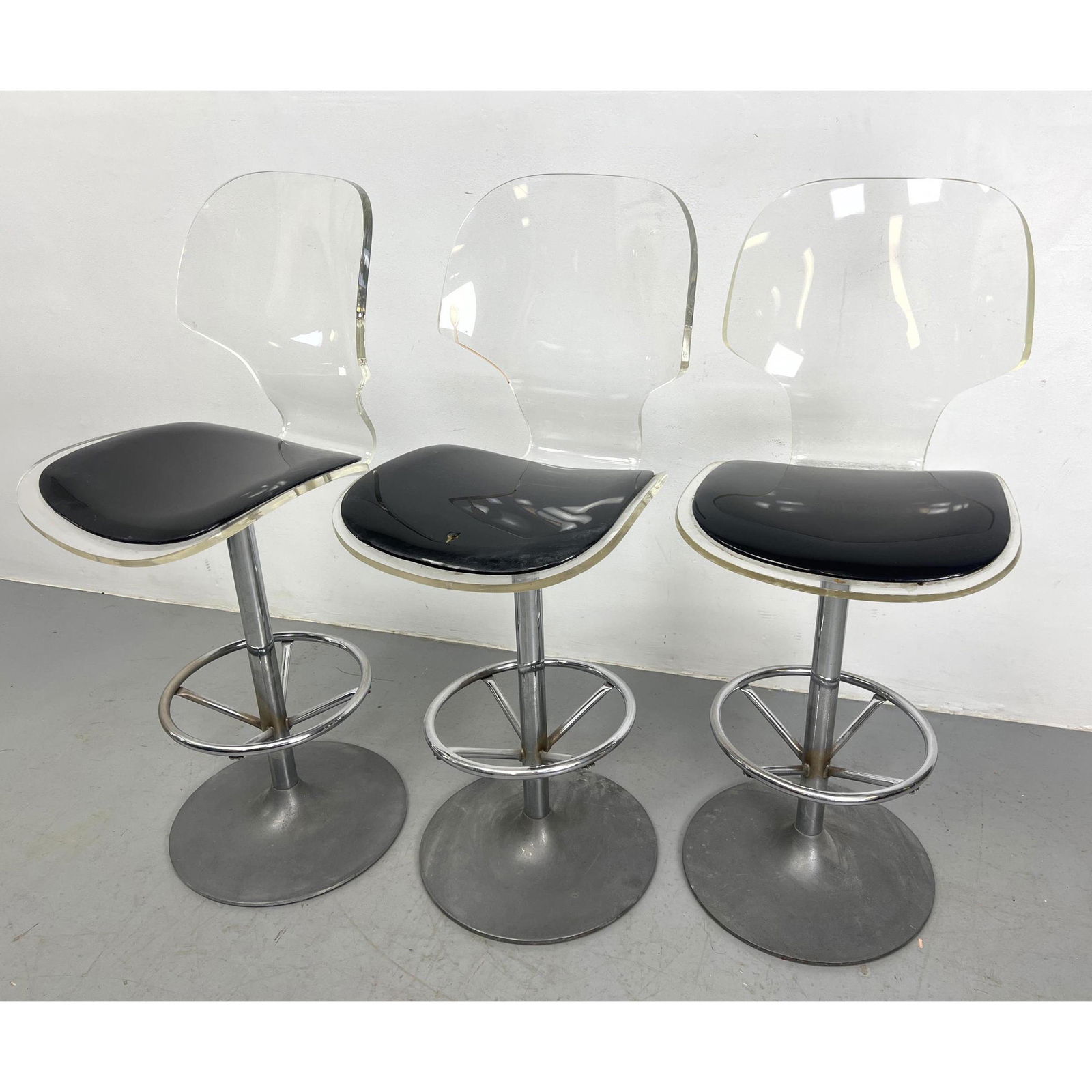 3pc HILL MFG Lucite and Chrome Bar Stools. Thick Lucite Forms. 1970s. Hill Label. (1 of 8)