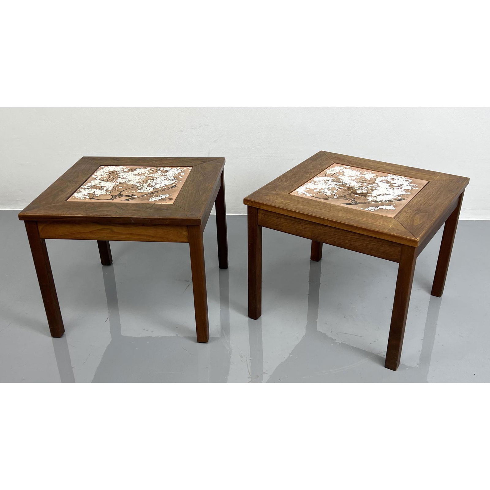 Pr BROWN SALTMAN, JOHN KEAL Enamel Top Side Tables. Walnut frames with inset enameled plaques. Mark: Pr BROWN SALTMAN, JOHN KEAL Enamel Top Side Tables. Walnut frames with inset enameled plaques. Marked BS Pr BROWN SALTMAN, JOHN KEAL Enamel Top Side Tables. Walnut frames with inset enameled plaques.