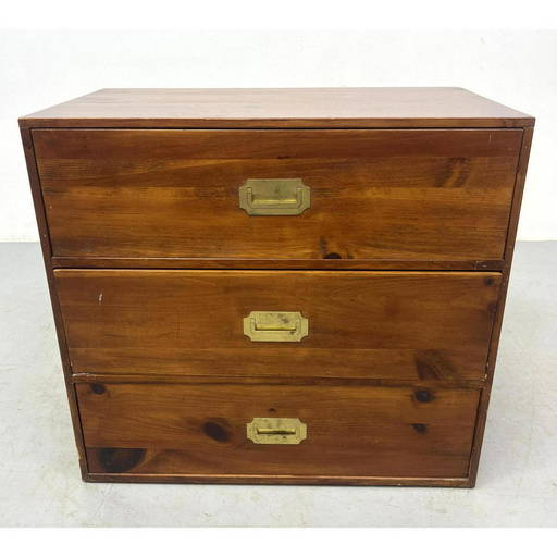 Pine 3 Drawer Bachelor's Chest. Campaign Style. Inset Brass Drawer Pulls.