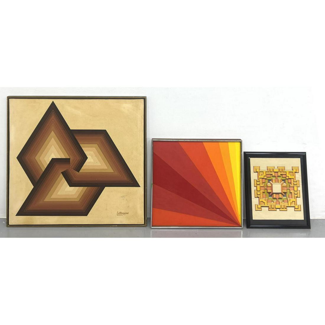 3pcs Op Art Paintings. Letterman, two unsigned. (1 of 7)