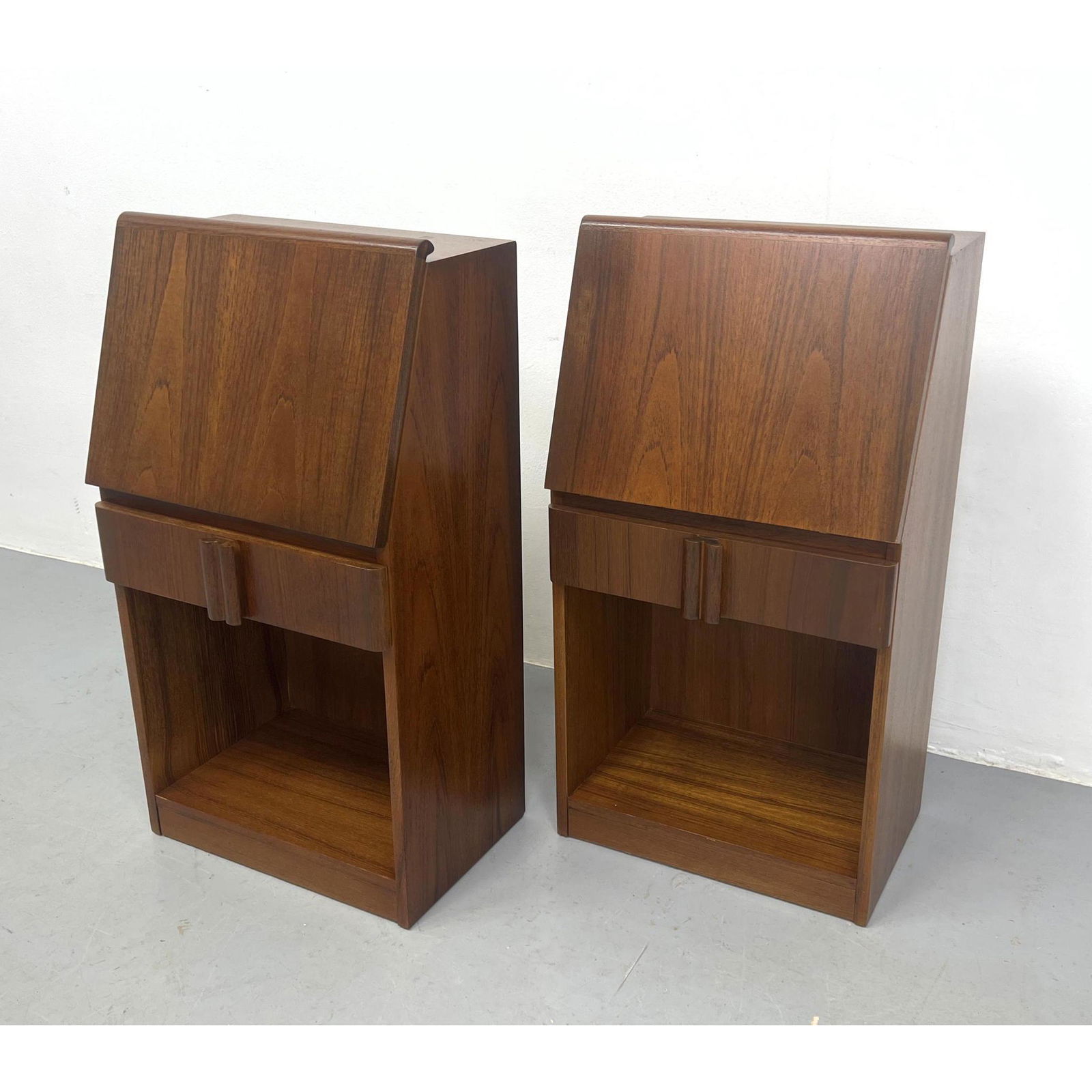 Pr Teak Danish Modern Slant Front Night Stands. Drop top above drawer above open storage cubby. NORD (1 of 9)