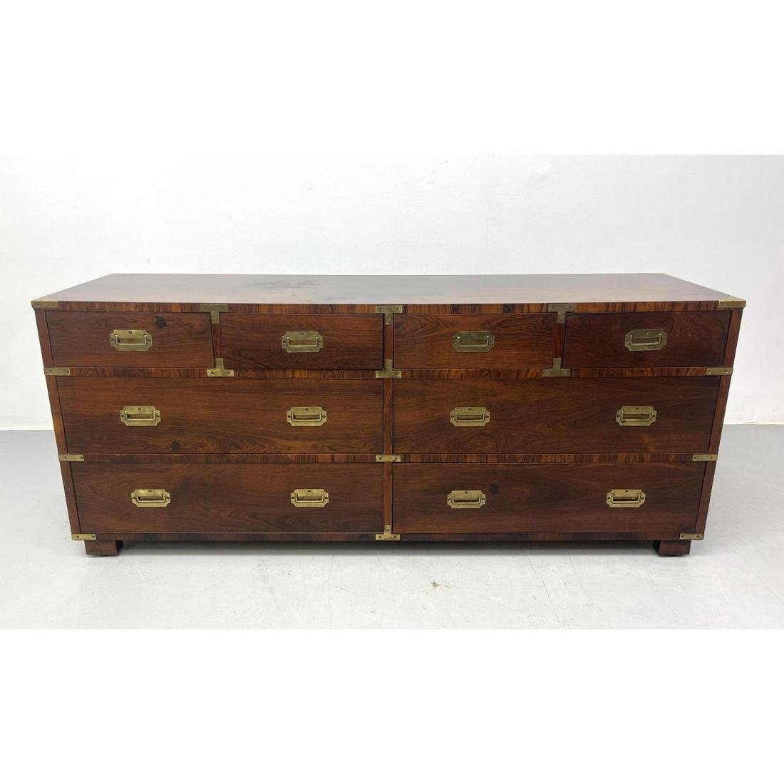 Modernist Rosewood Campaign style Dresser Chest. Eight drawer dresser with brass trim and inset pull (1 of 8)